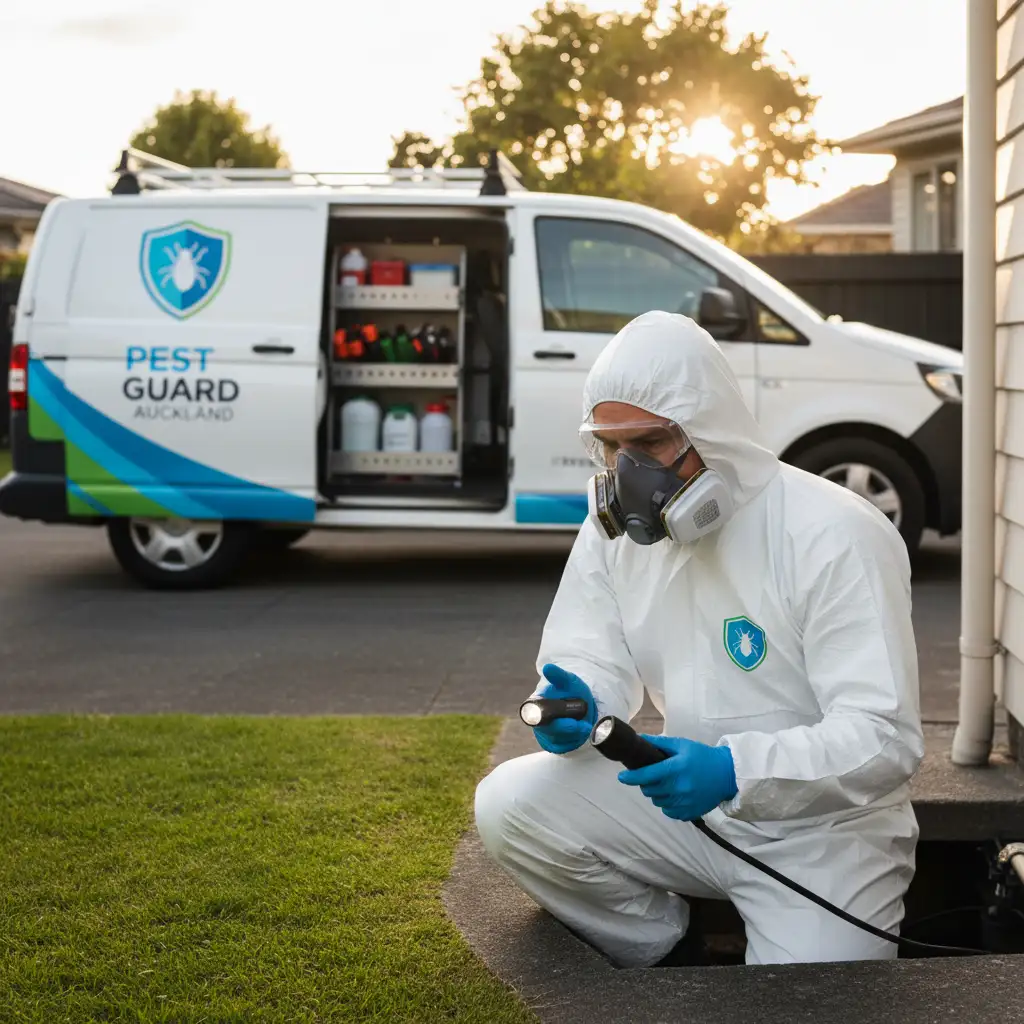 Certified pest technician inspecting a home in Auckland