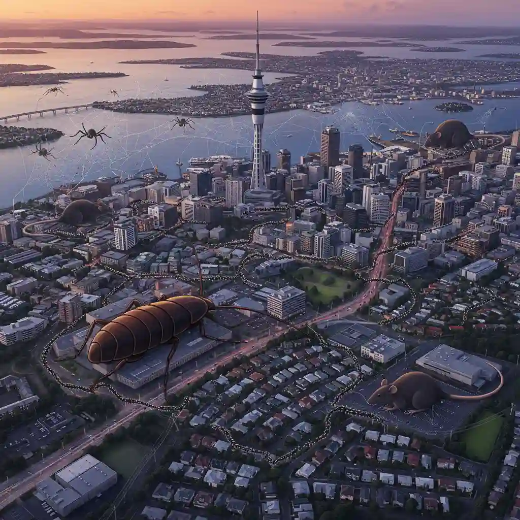 Auckland city skyline with subtle pest illustrations representing urban pest challenges