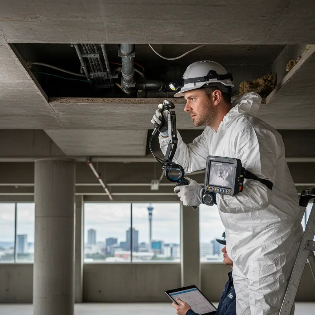 Pest control specialist inspecting a difficult-to-access area for pests