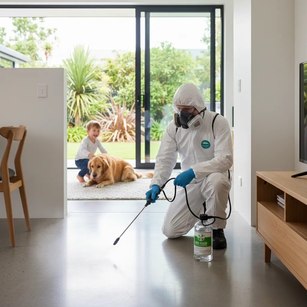 Pest control technician applying safe solution in an Auckland home near a child and pet