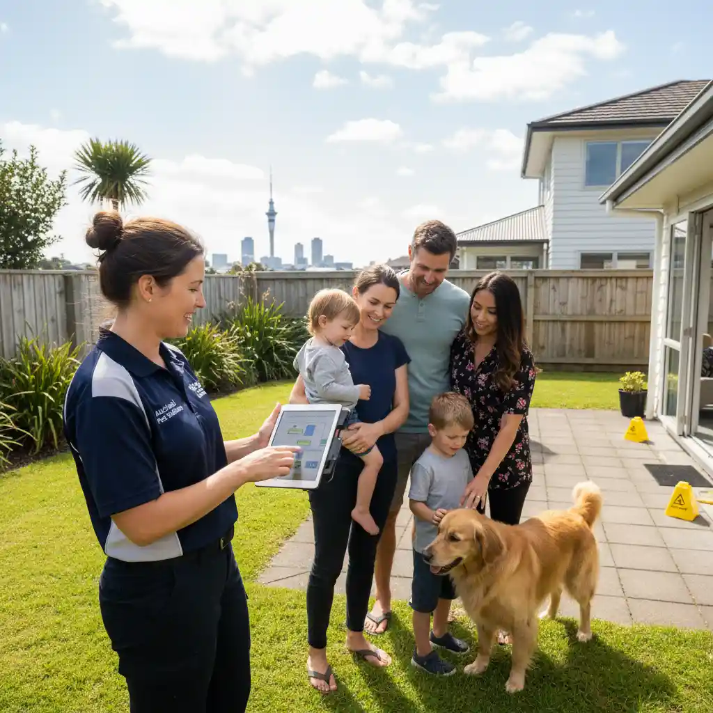 Pest control technician explaining safe outdoor treatment to a family in Auckland