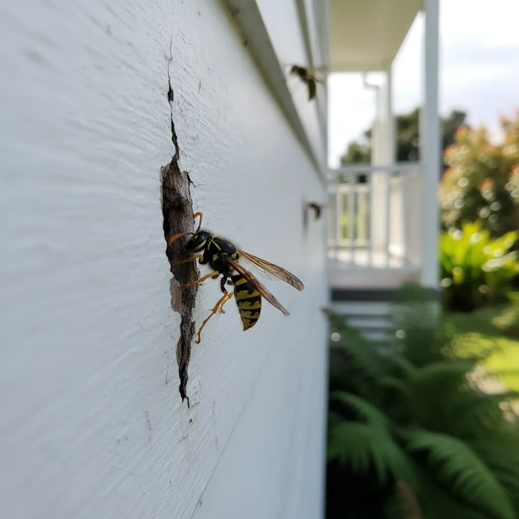 Wasp entering a crack in weatherboard siding