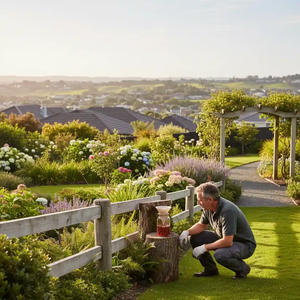 Homeowner inspecting garden for wasp activity and reducing attractants