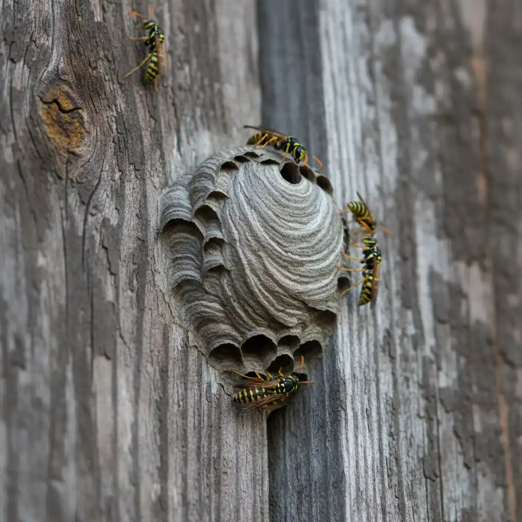 Wasp nest camouflaged in school building timber