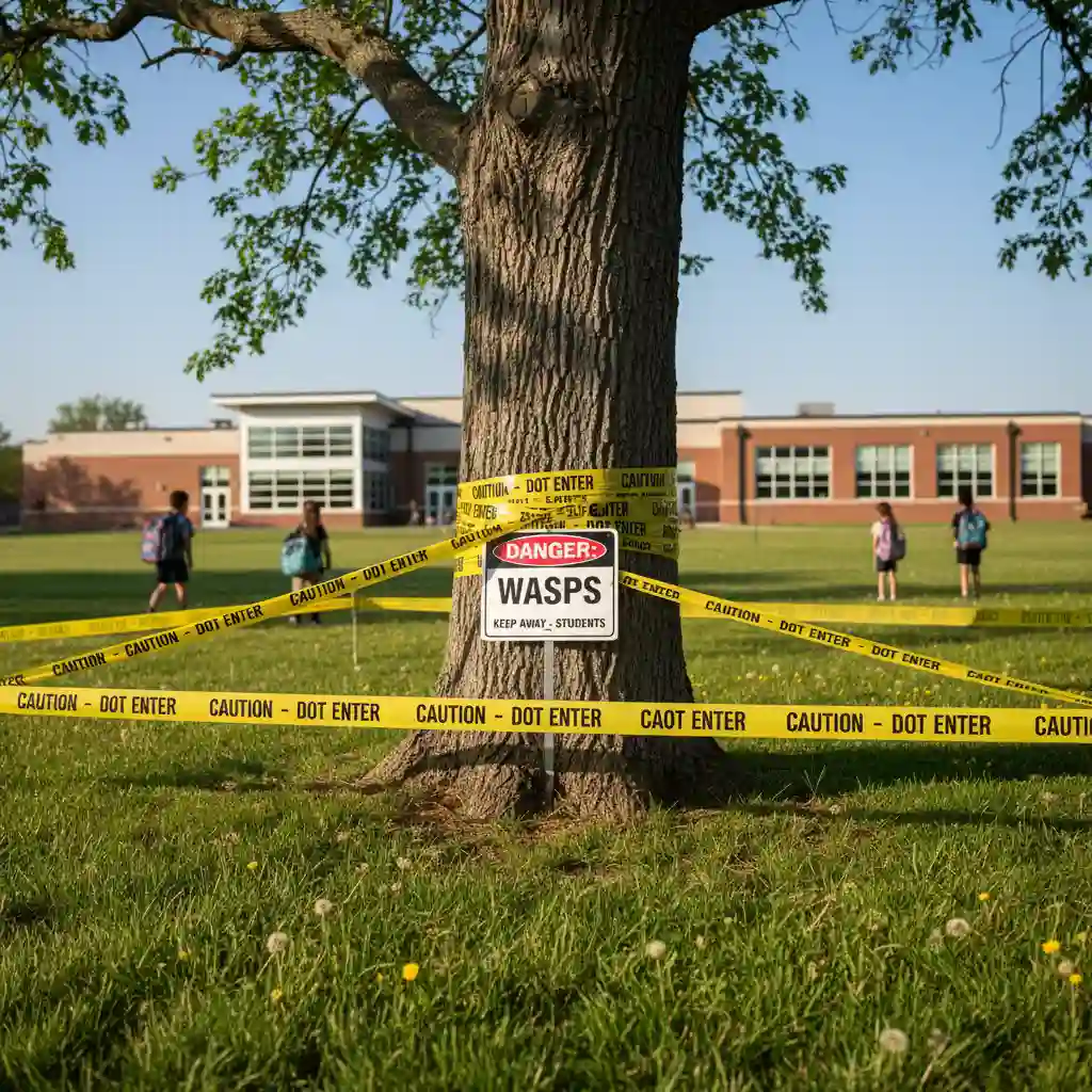Safety cordon around wasp nest in school field