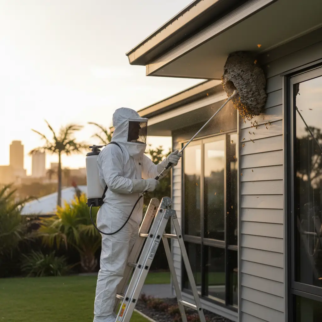 Pest control technician treating a high wasp nest