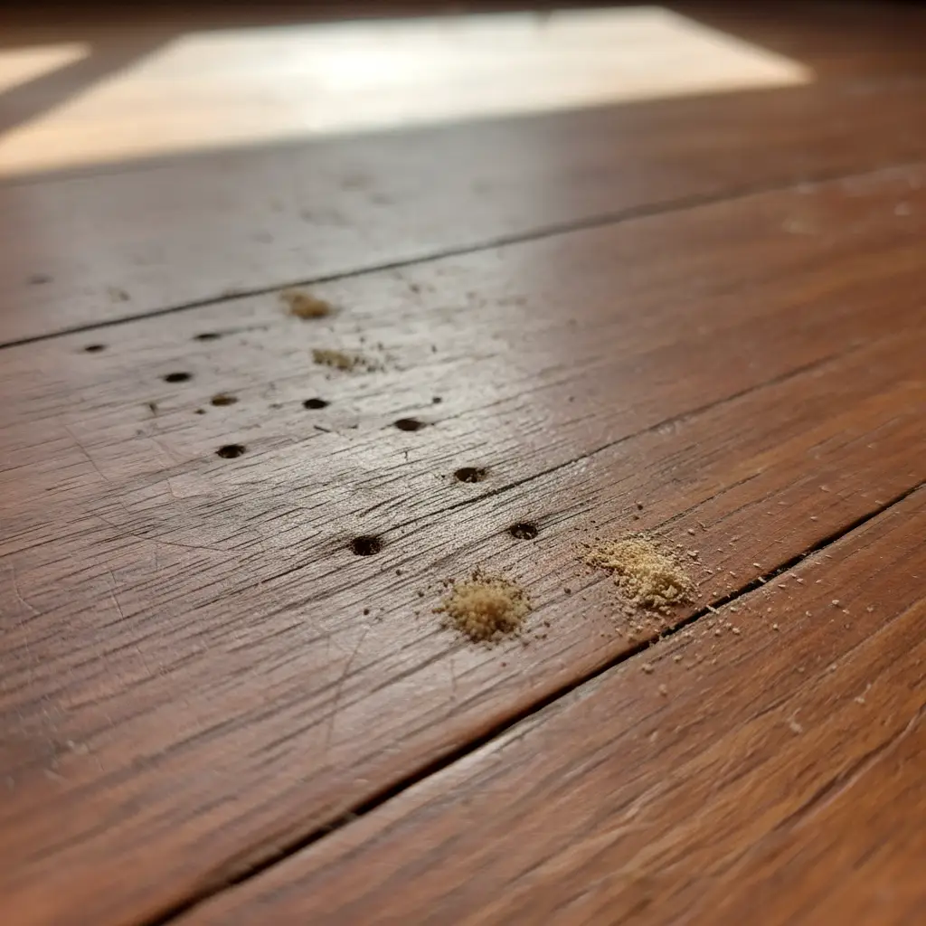 Signs of borer damage on Rimu timber flooring