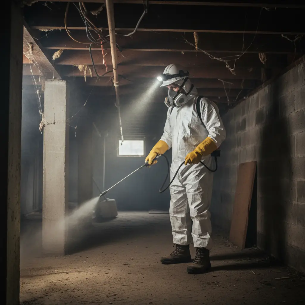 Technician performing sub-floor borer treatment