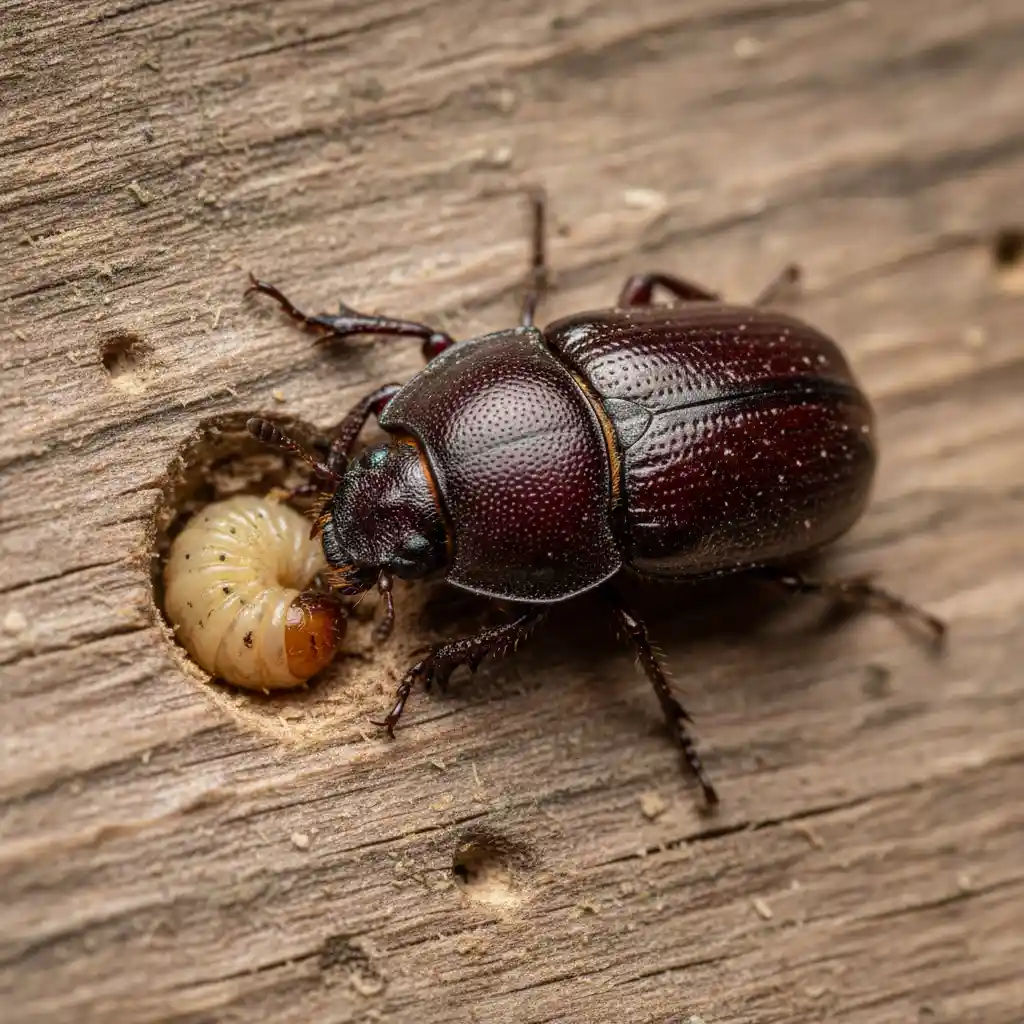 Close up of Common House Borer beetle and larva