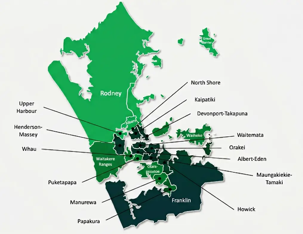 Pest Control Auckland service areas map covering Rodney, North Shore, West Auckland, Central Auckland, East Auckland, South Auckland and Franklin