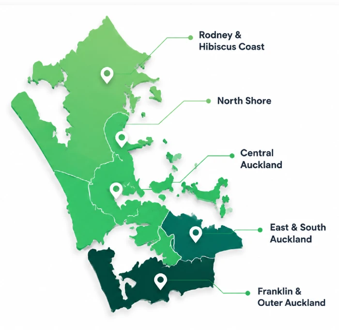 Pest Control Auckland service area map covering Rodney, Hibiscus Coast, North Shore, Central Auckland, East and South Auckland, Franklin and outer Auckland