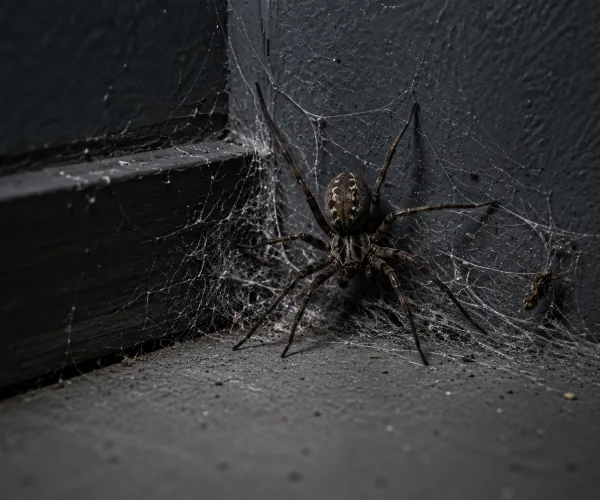 Spider and cobwebs in a dark indoor corner