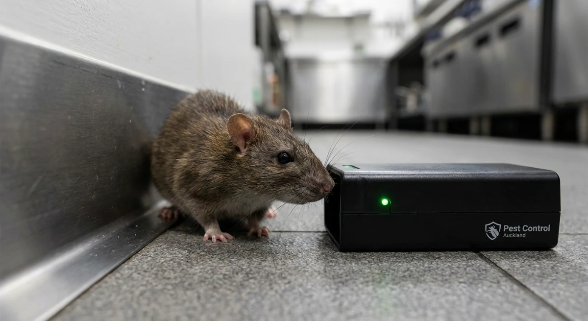 A close up of a rat near a mechanical trap in a commercial kitchen setting