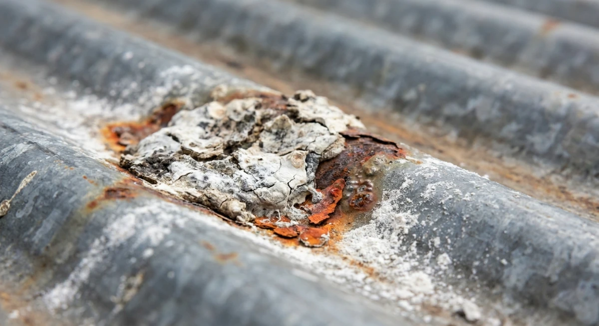 Acidic pigeon guano corroding a corrugated iron roof on a North Shore property