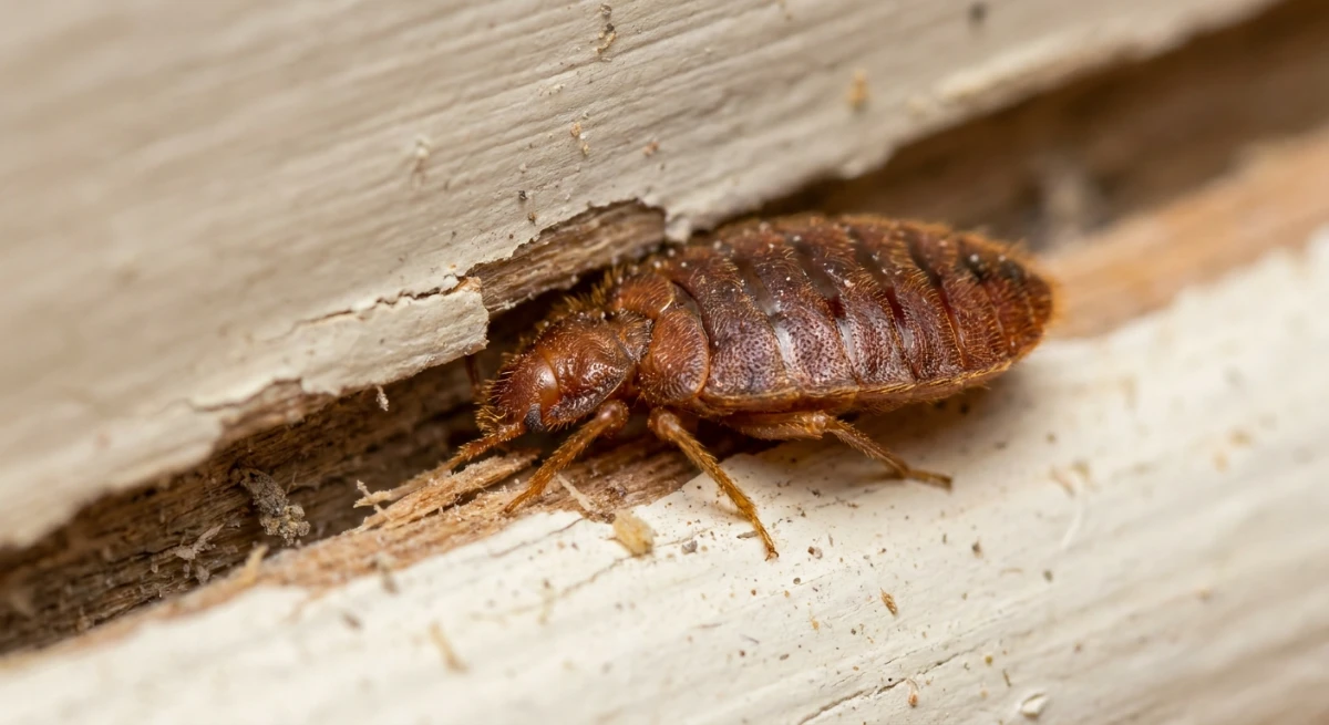 Adult bed bug hiding in a wooden baseboard crevice