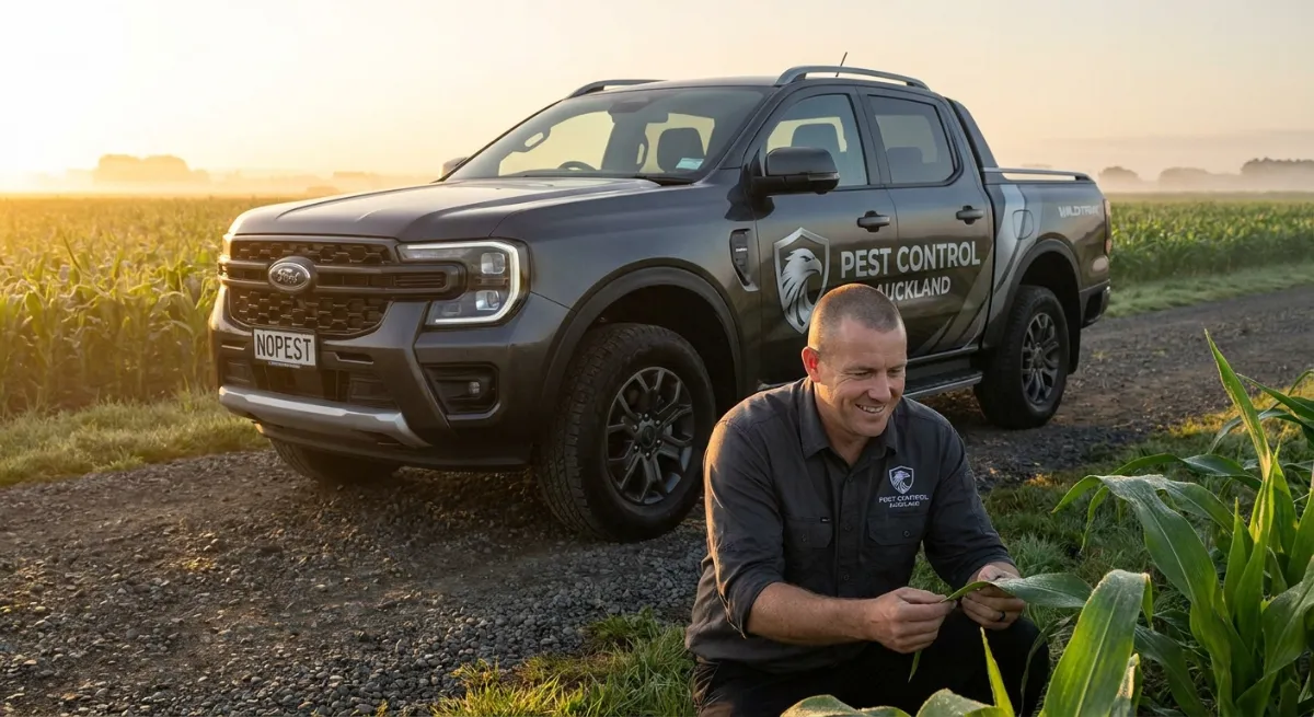 Agronomist inspecting a New Zealand maize field for pest damage