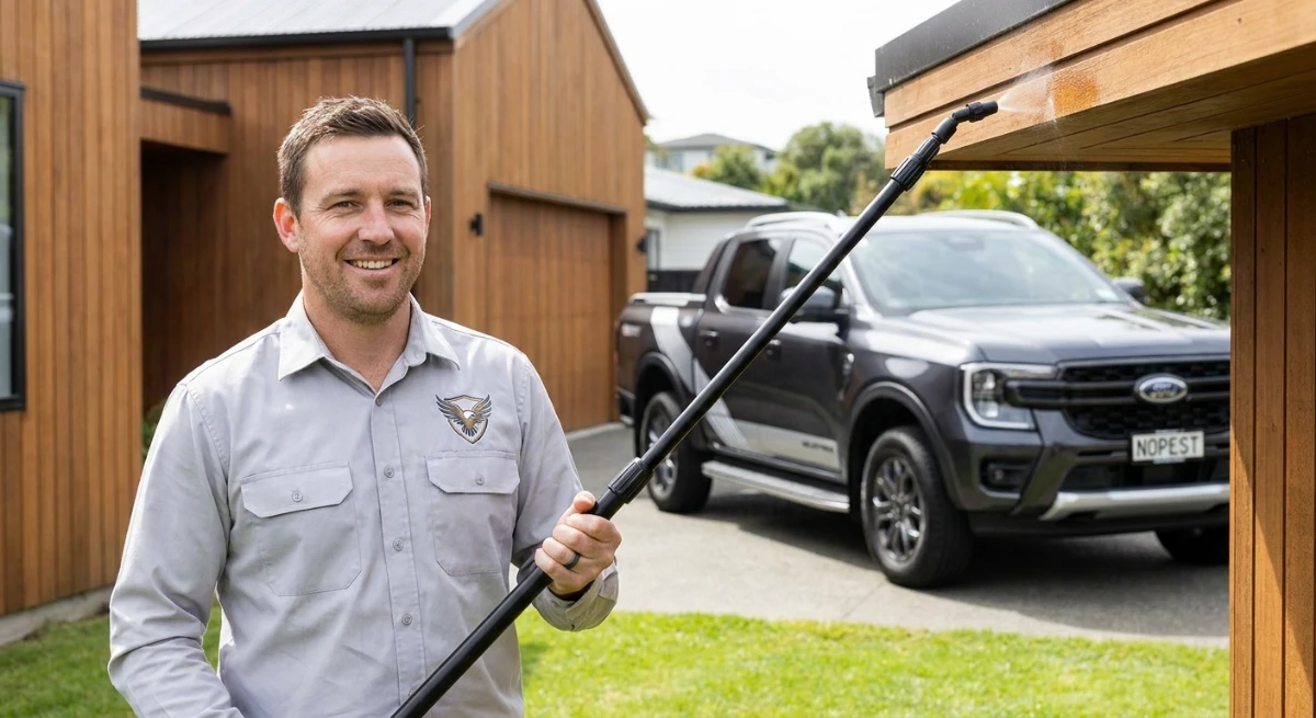 Applying residual fly treatment to house eaves in Auckland