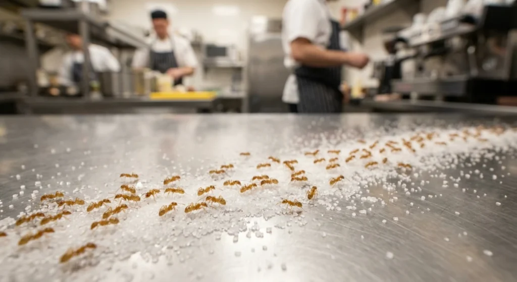 Argentine ants swarming spilled sugar in a commercial kitchen setting