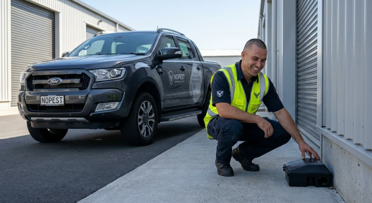 Auckland commercial pest control technician checking exterior bait station