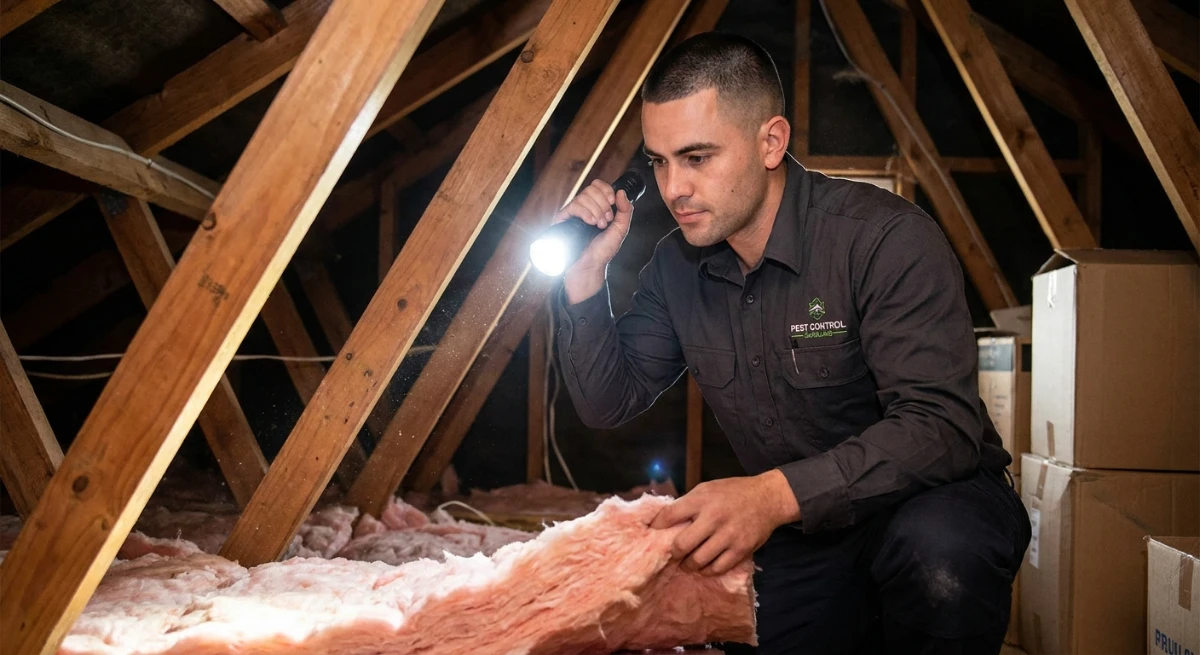Auckland pest control technician inspecting a roof cavity