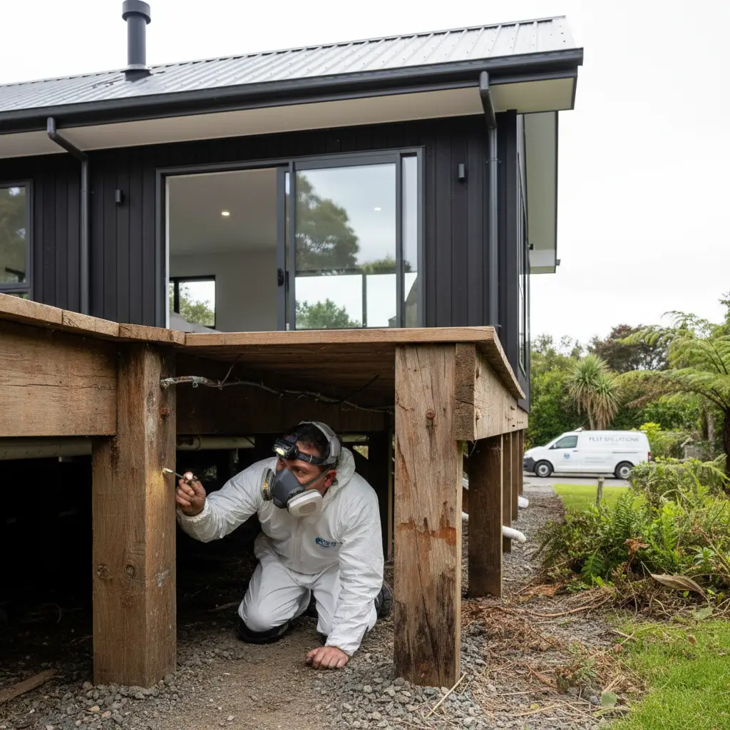 Auckland pest control technician inspecting a sub-floor for borer damage