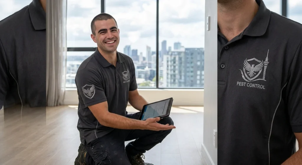 Auckland pest control technician inspecting an empty rental property