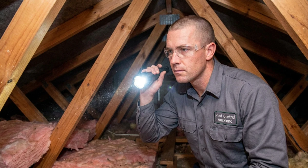 Auckland pest control technician inspecting roof cavity