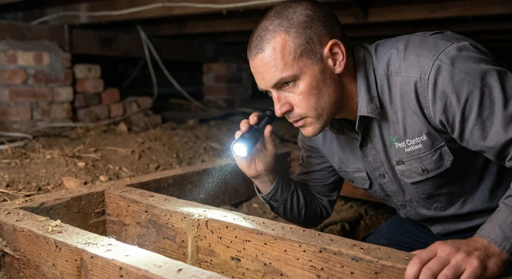 Auckland pest control technician inspecting subfloor for borer damage