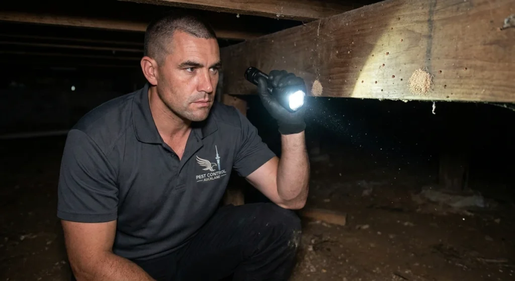 Auckland pest inspector checking subfloor for borer damage