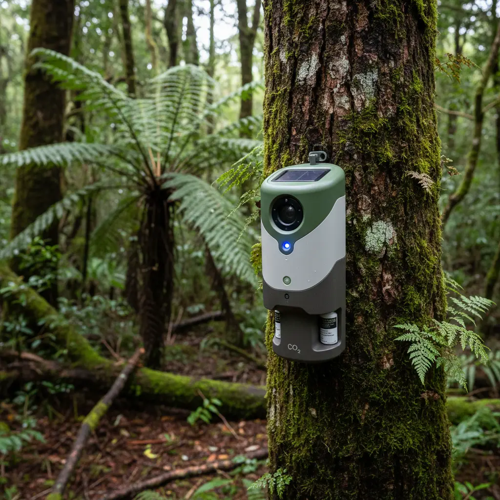 Automated smart pest trap mounted on a tree