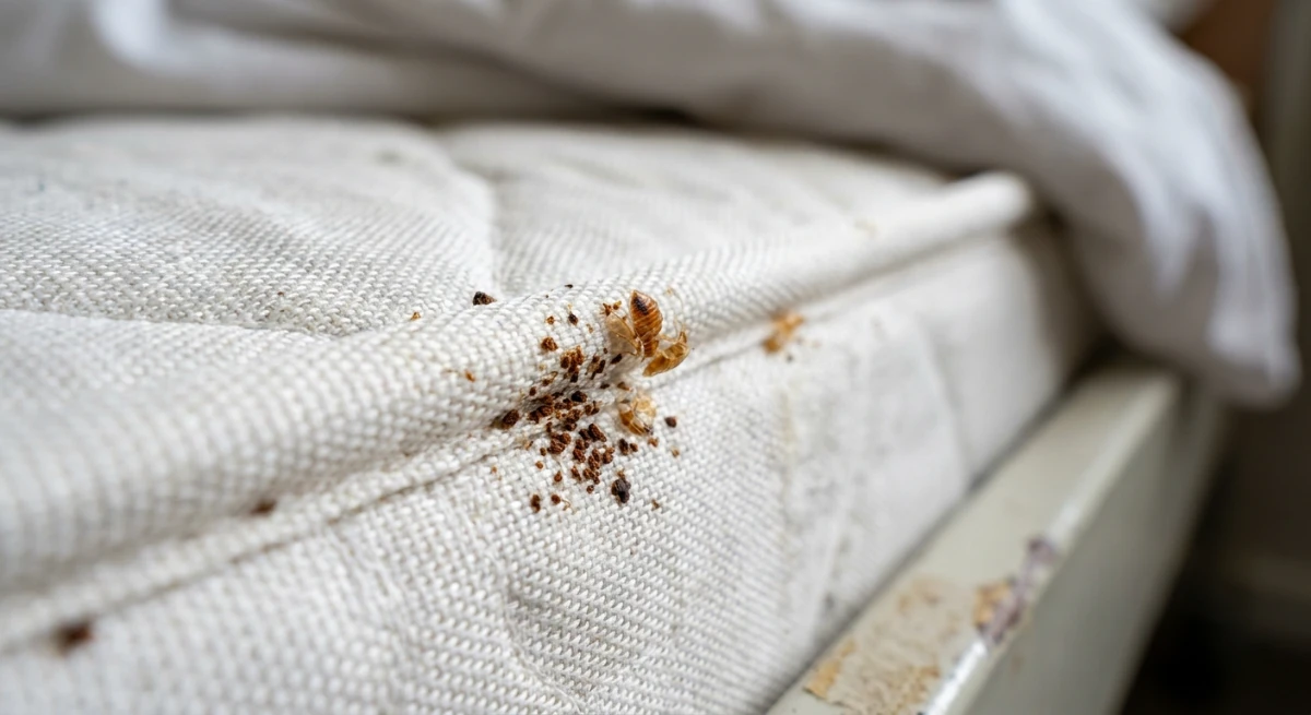 Bed bug fecal spotting and cast skins on a mattress seam in an Auckland aged care facility