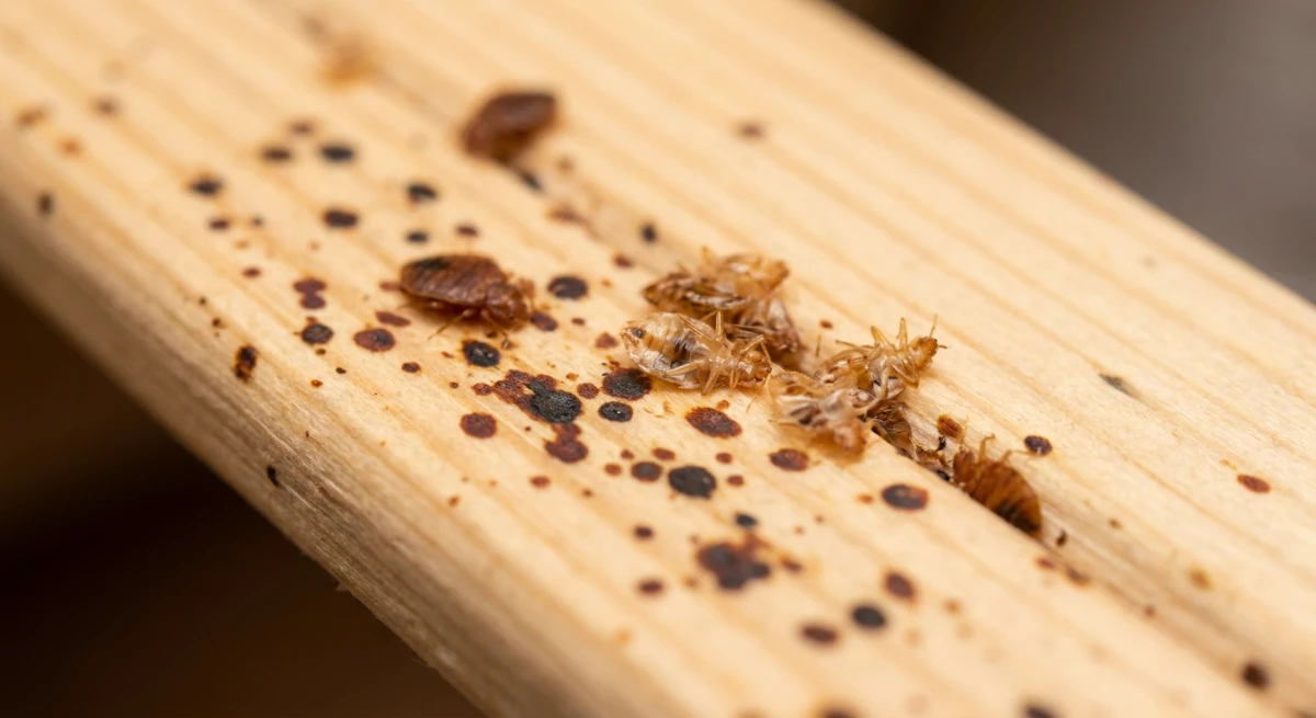 Bed bug fecal spotting and shed skins on a wooden bed frame