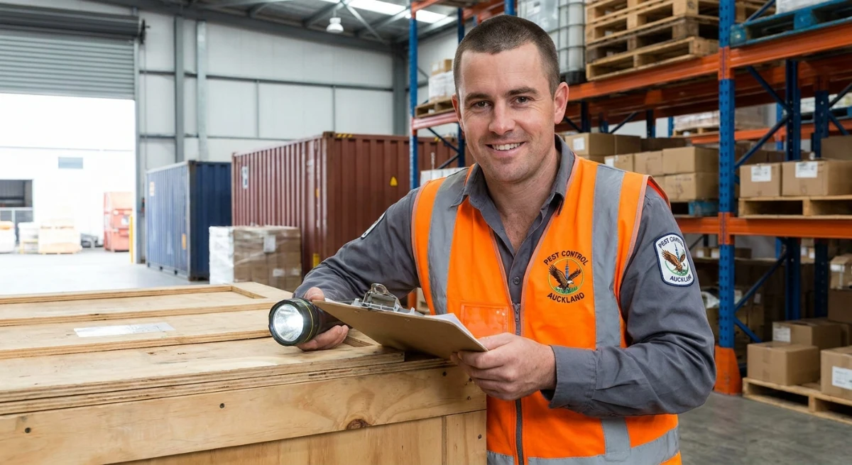 Biosecurity officer inspecting commercial freight in Auckland