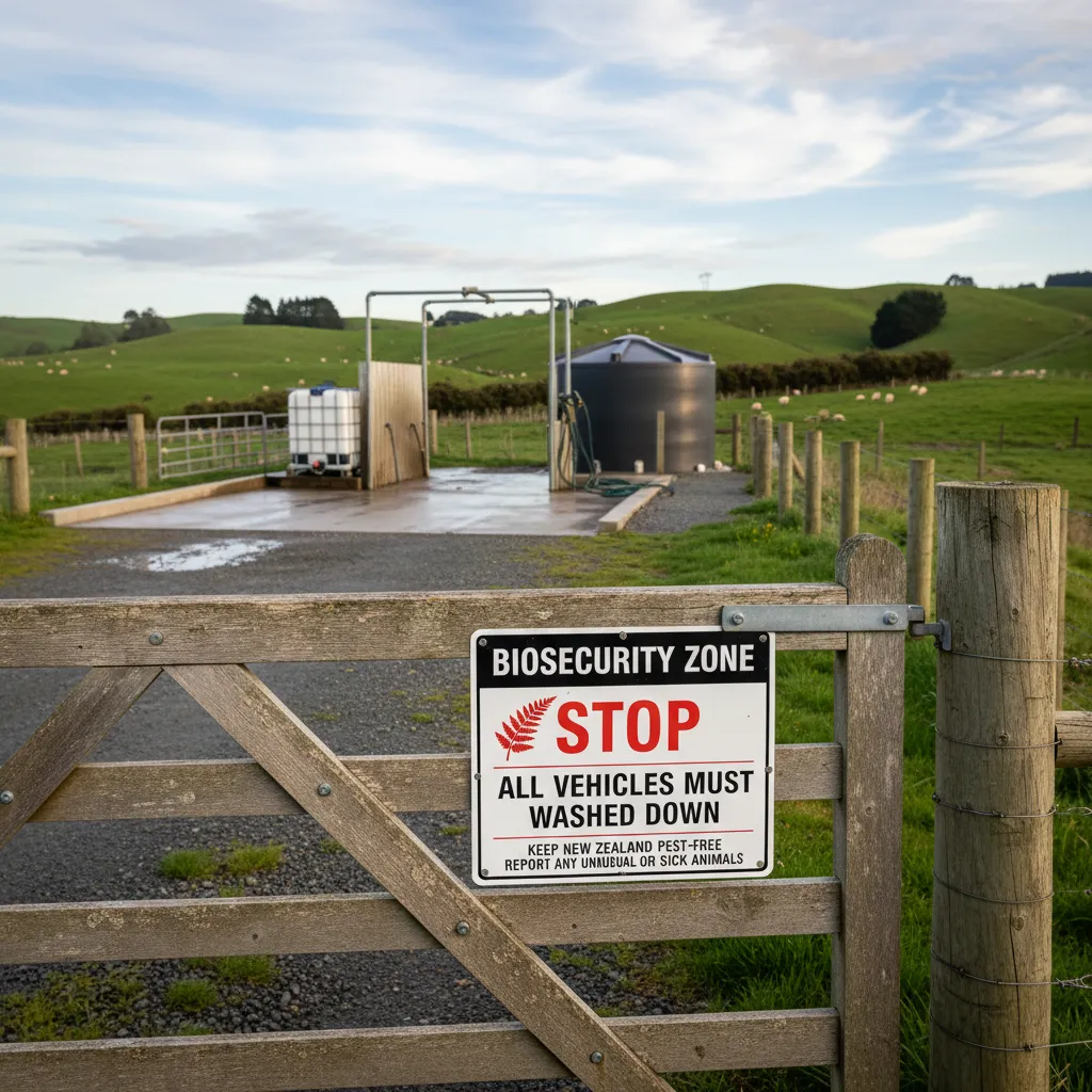 Biosecurity sign on a Franklin farm gate highlighting pest control rules
