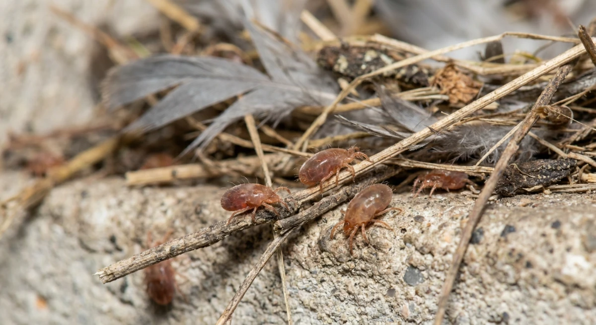 Bird mites crawling near pigeon nest