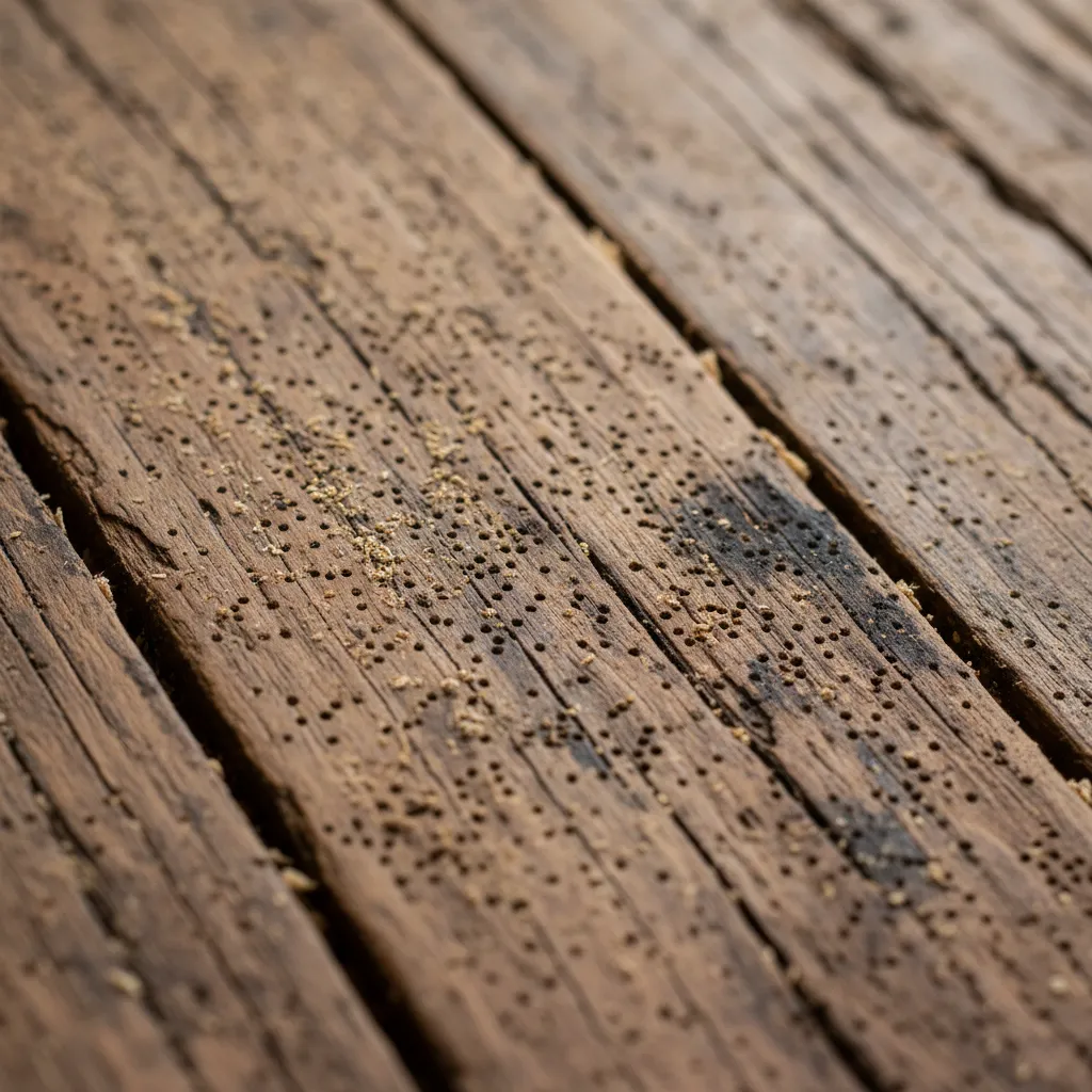 Borer flight holes and frass in New Zealand timber
