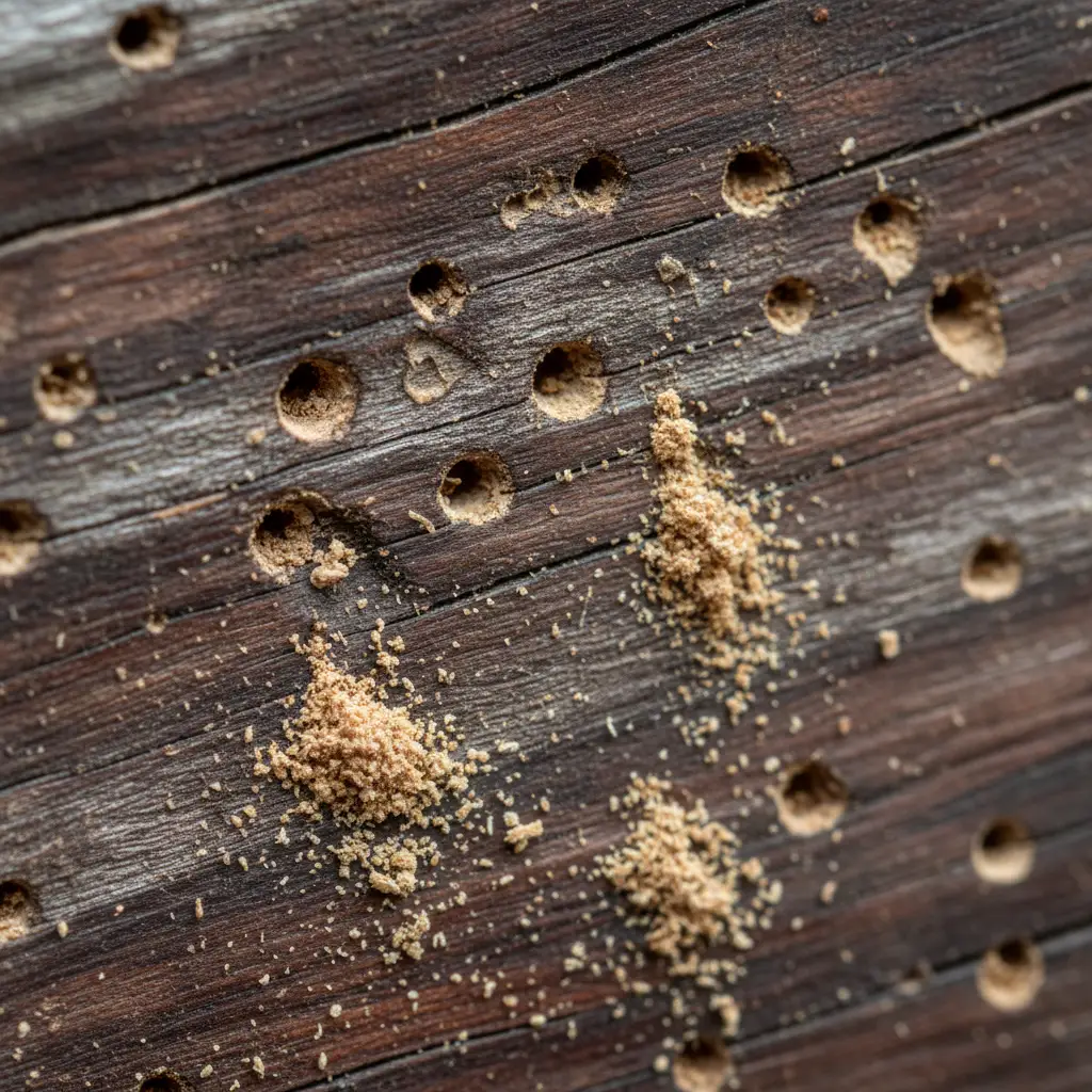 Borer flight holes and frass on native timber