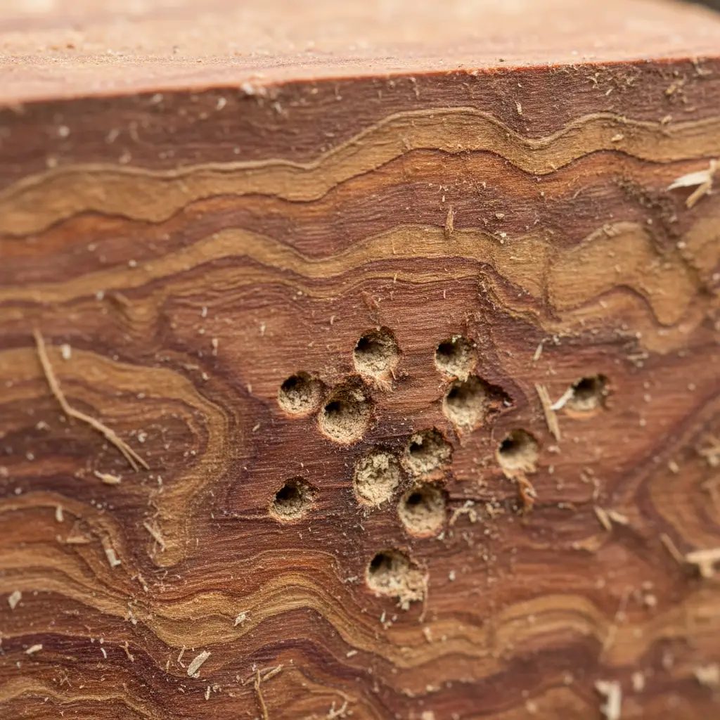 Borer flight holes in native Rimu timber