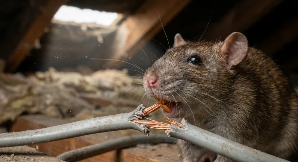 Brown rat chewing electrical wires in an Auckland roof space