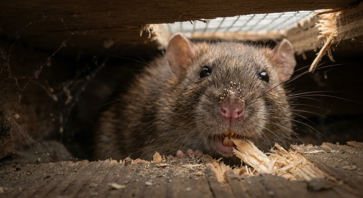 Brown rat chewing through a broken subfloor vent in an Auckland rental property