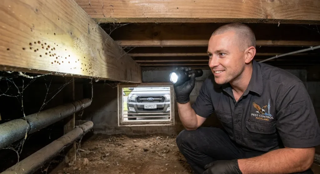 Builder inspecting subfloor for borer damage in an Auckland home