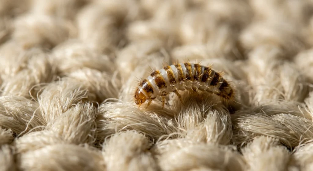 Carpet beetle larva on a wool carpet in an Albany home