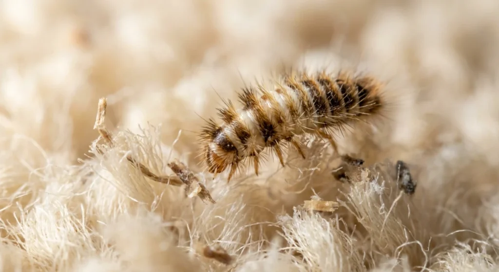Carpet beetle larva on damaged wool carpet