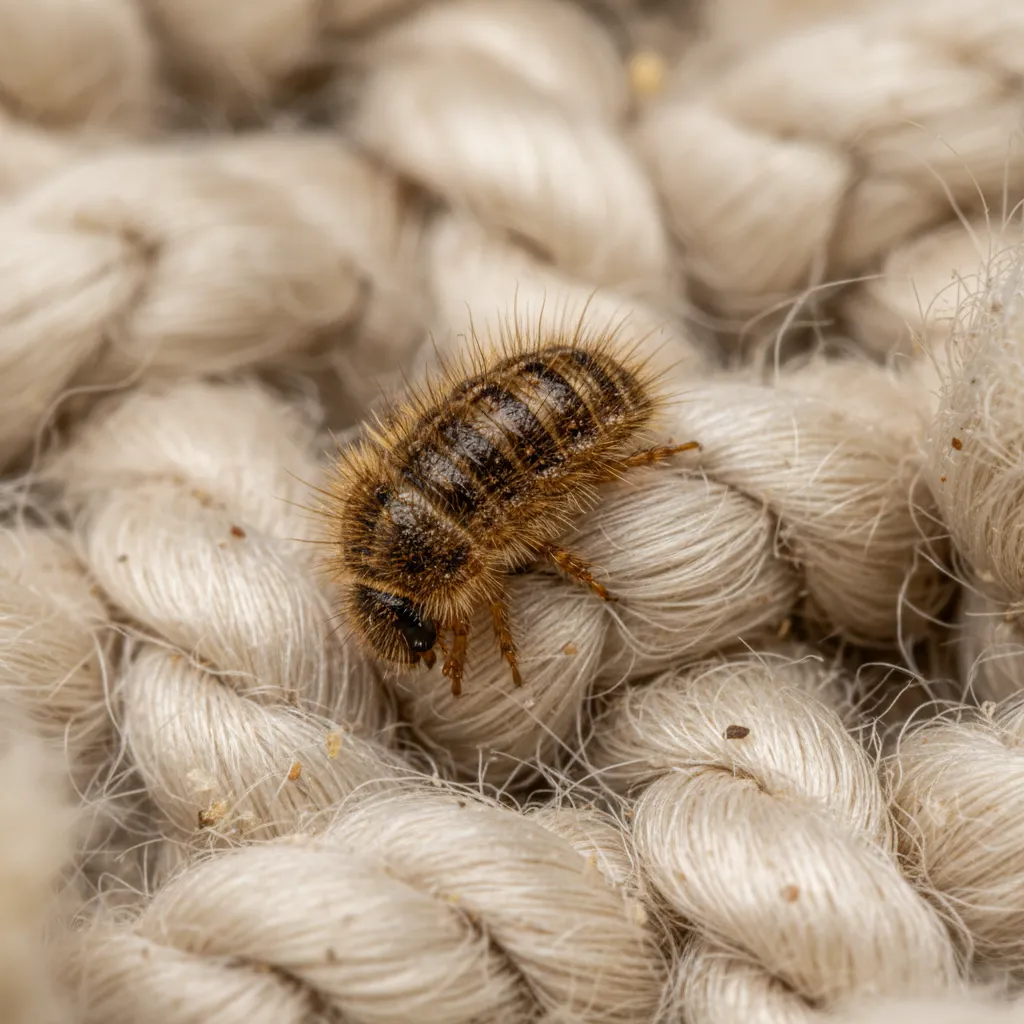 Carpet beetle larva on wool carpet