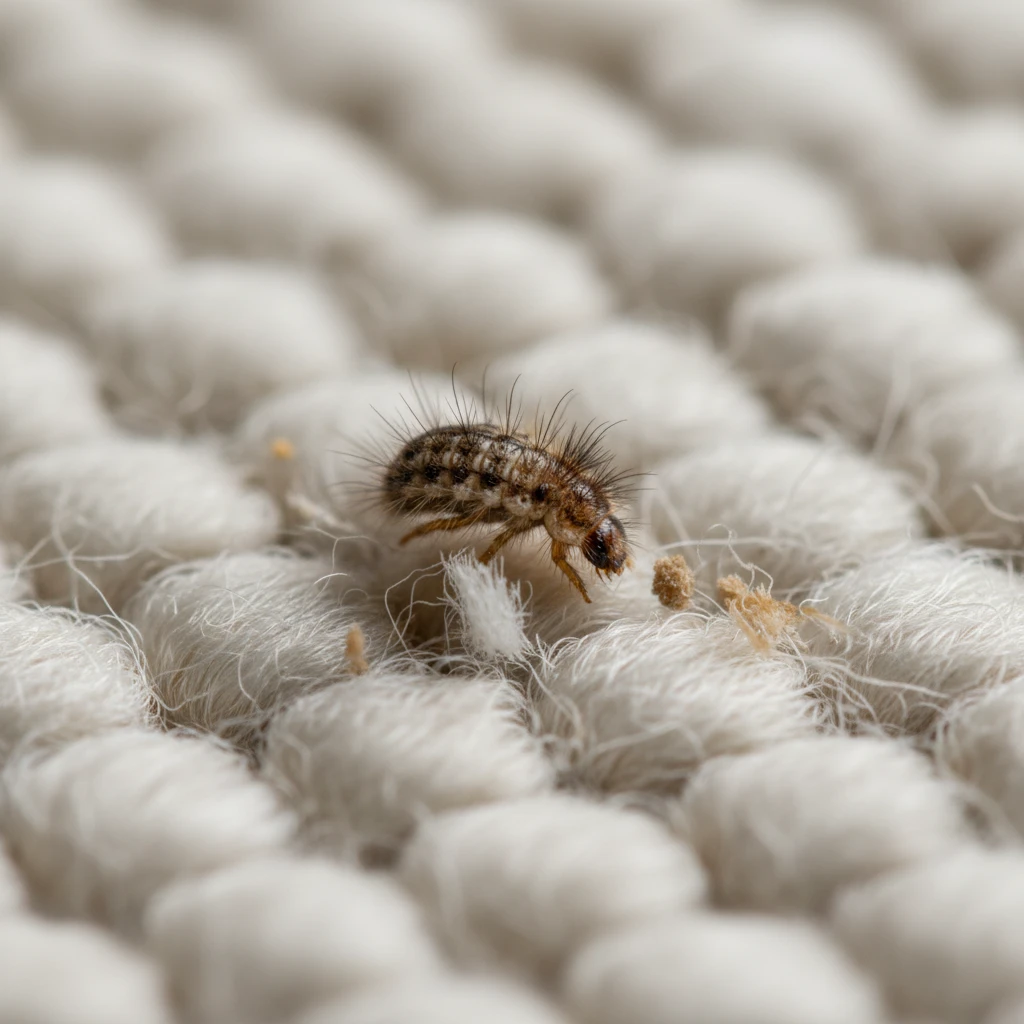 Carpet beetle larvae damaging a wool rug in Auckland