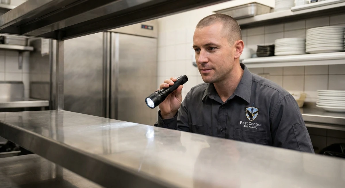 Certified pest control technician conducting commercial audit in Auckland