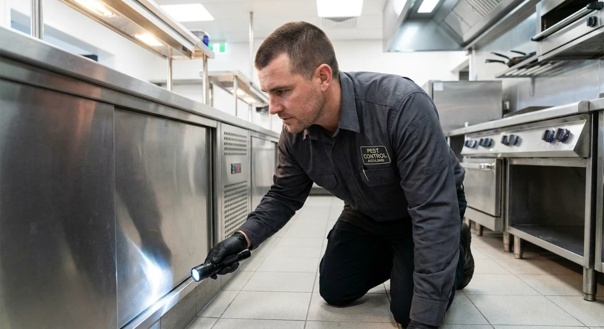Certified pest control technician conducting commercial biosecurity audit in Auckland kitchen