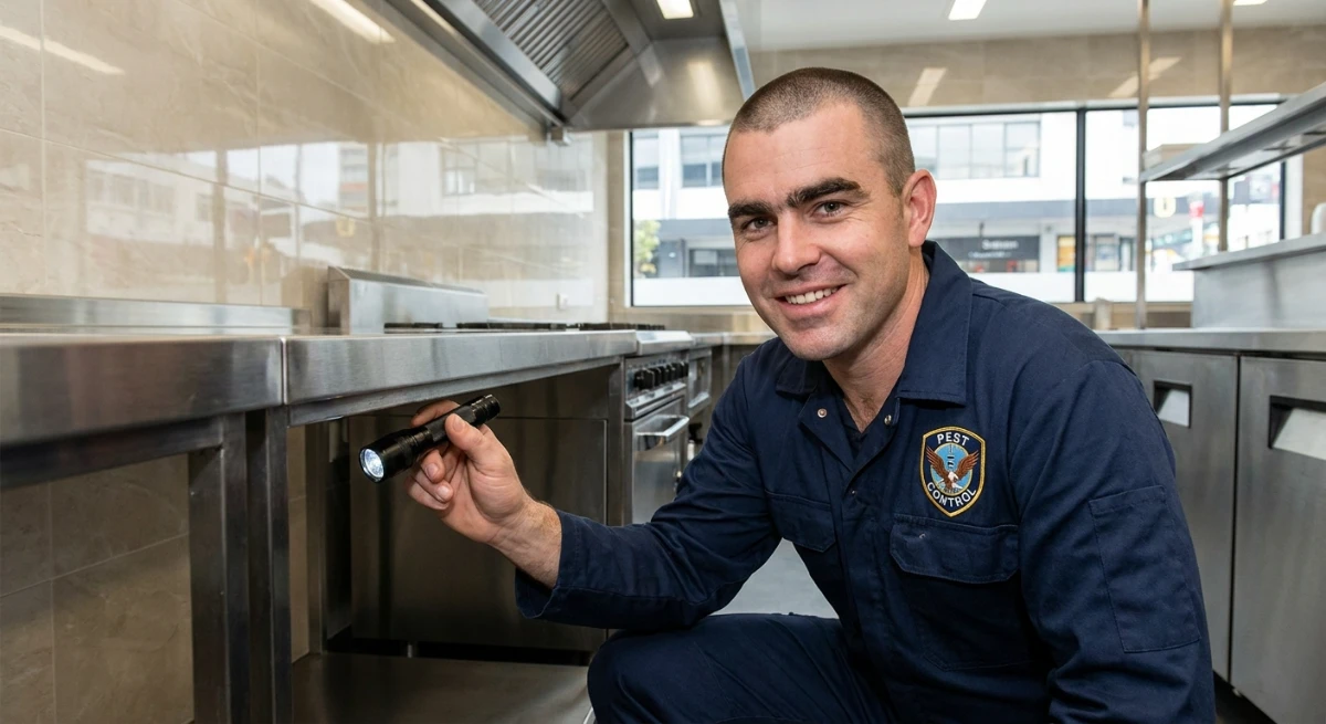 Certified pest control technician inspecting an Auckland commercial kitchen