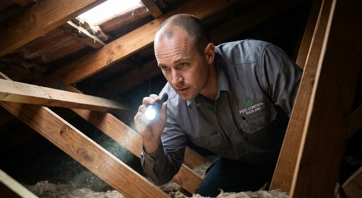 Certified pest control technician inspecting an Auckland roof for rats