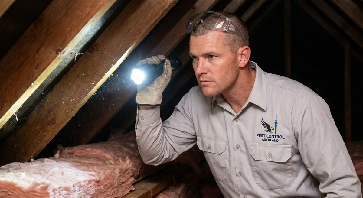Certified pest control technician inspecting roof cavity for rodents